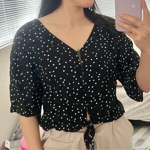 Black Polka Dot Button Tie Blouse